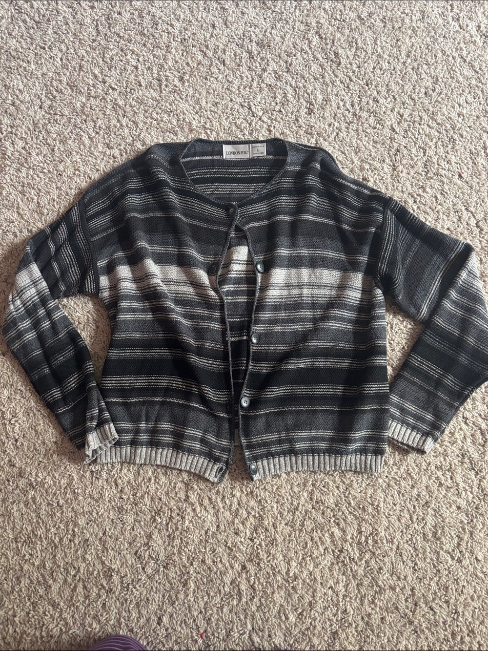 London Fog Striped Black and Gray Crewneck Cardigan